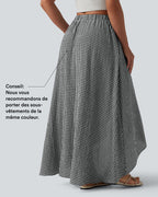Jupe mi-longue décontractée fluide asymétrique taille haute à carreaux aspect lin avec poches