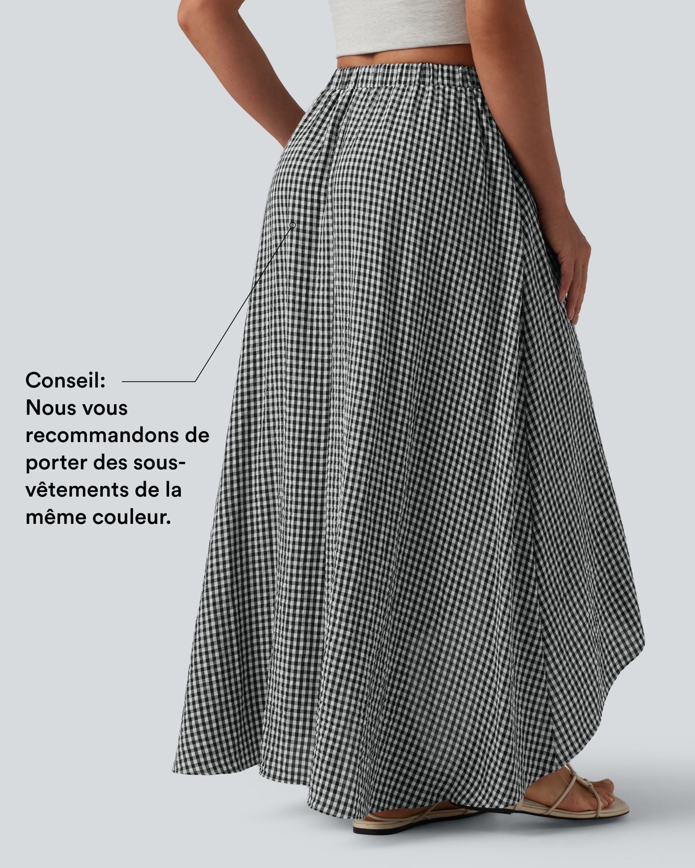 Jupe mi-longue décontractée fluide asymétrique taille haute à carreaux aspect lin avec poches