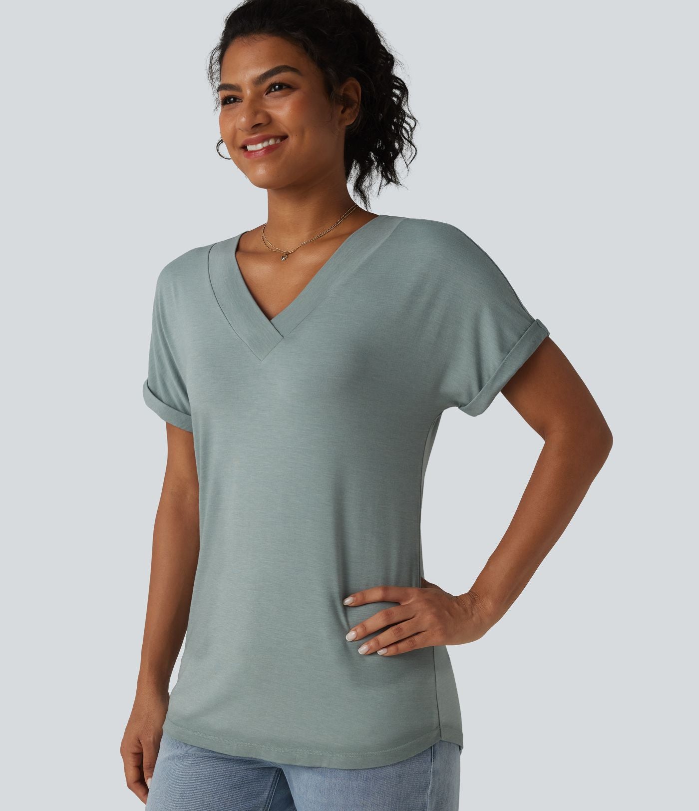 T-shirt décontracté col V à manches chauve-souris courtes