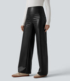 Pantalon large décontracté gainant taille haute extensible en molleton PU avec poches