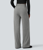 Pantalon droit décontracté côtelé croisé gainant taille haute avec poches