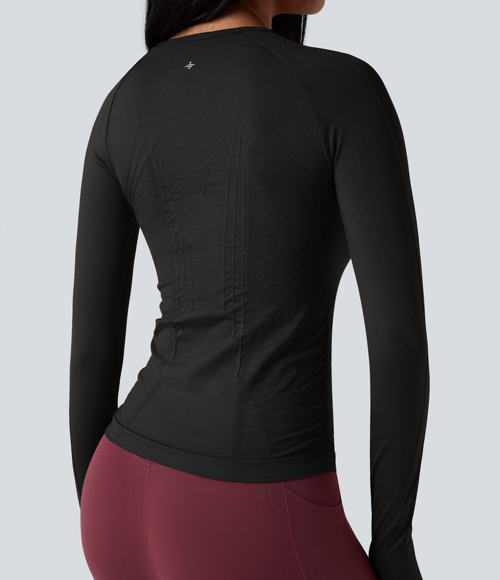 Haut de sport yoga col rond à manches longues avec passants pouces sans couture OneForm Seamless Flow