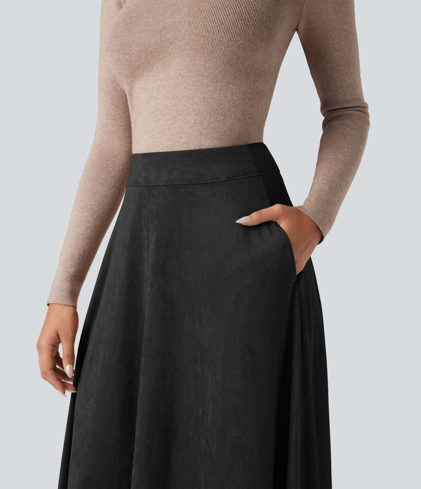 Jupe mi-longue évasée daim taille haute avec poches