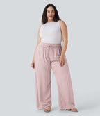 Pantalon décontracté grande taille large fluide taille haute effet lin avec cordon de serrage et poches