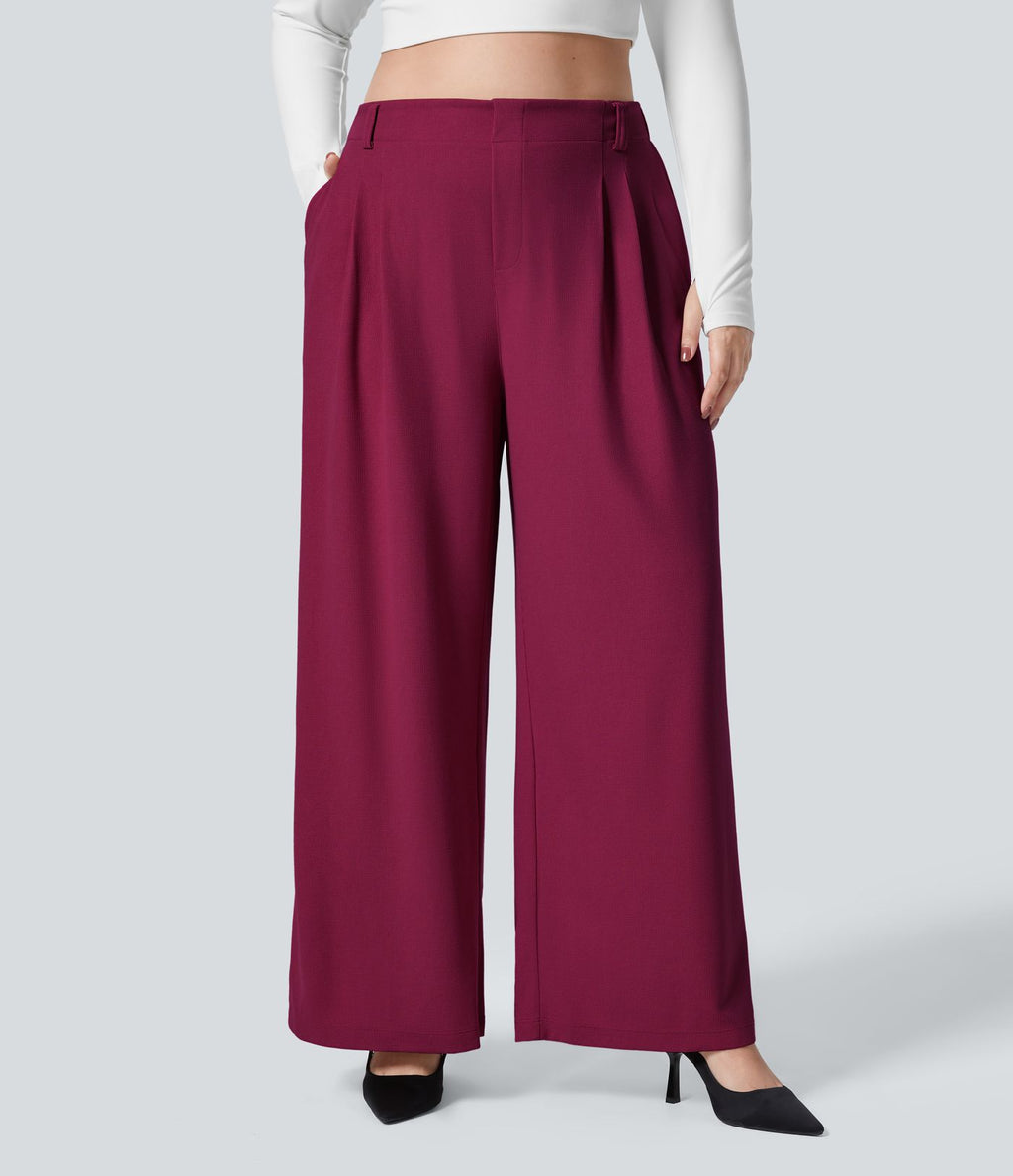 Halara Flex™ Pantalon tailleur Grande taille à Taille Haute, Poches Latérales Plissées, Jambes Larges, en Tissu Gaufré