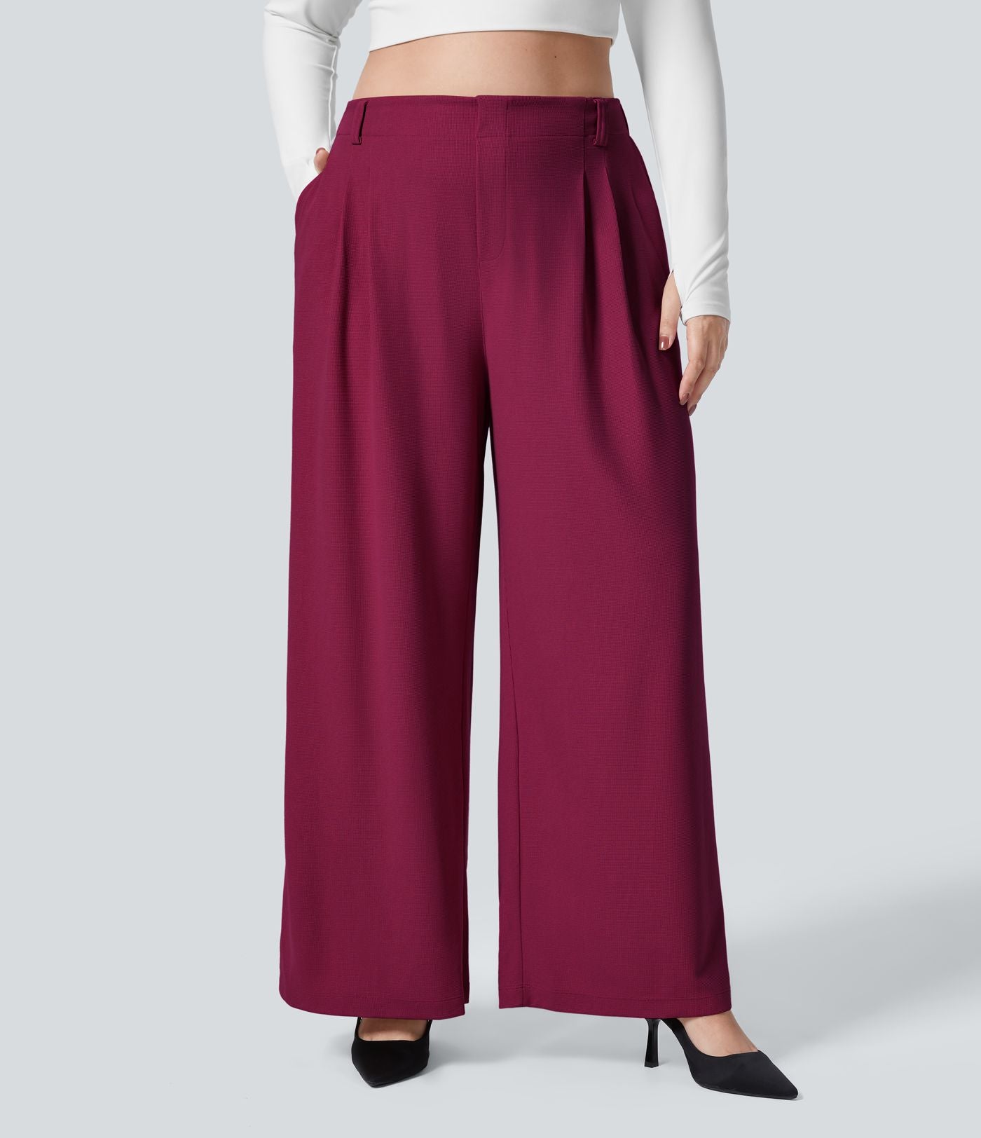 Halara Flex™ Pantalon tailleur Grande taille à Taille Haute, Poches Latérales Plissées, Jambes Larges, en Tissu Gaufré