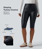 Legging corsaire casual ventre plat taille haute extensible en simili cuir avec poches