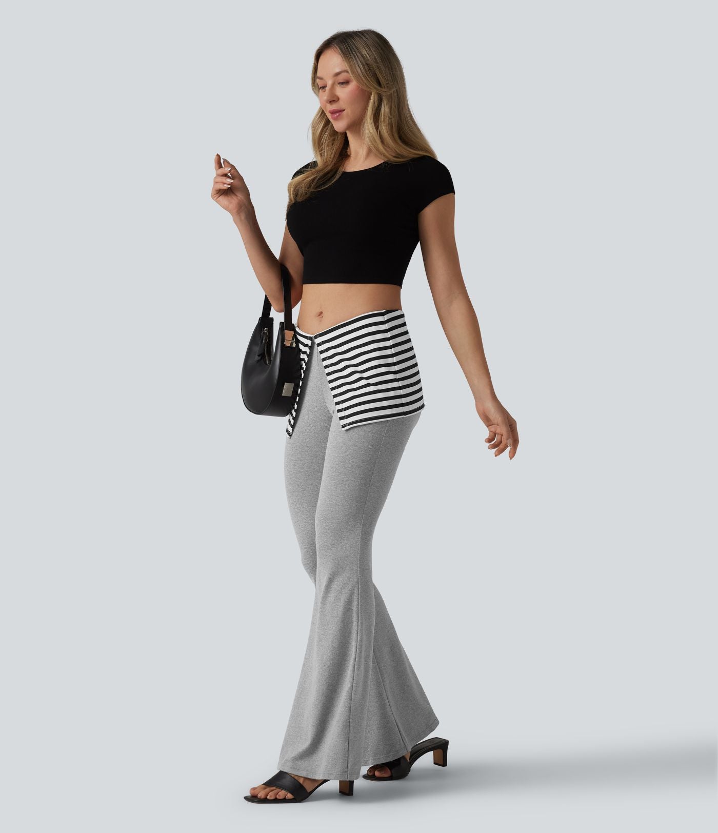 Pantalon évasé taille basse rabattable à rayures chiné