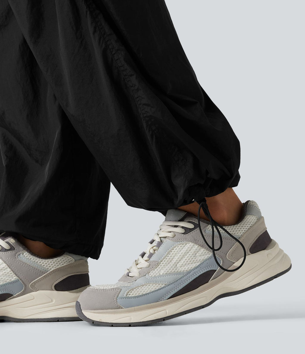 Pantalon cargo ample de randonnée taille haute avec cordon de serrage, fronces et poches
