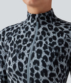 Veste décontractée Halara UltraSculpt™ imprimé léopard col montant manches longues avec trous pour pouces et poches