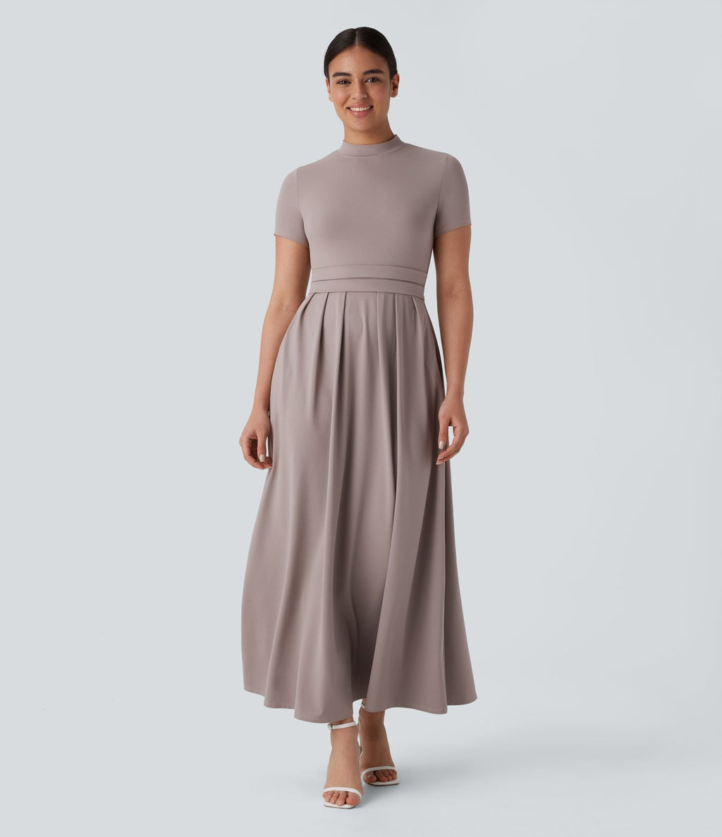 Robe longue décontractée à col montant, manches courtes et poches latérales