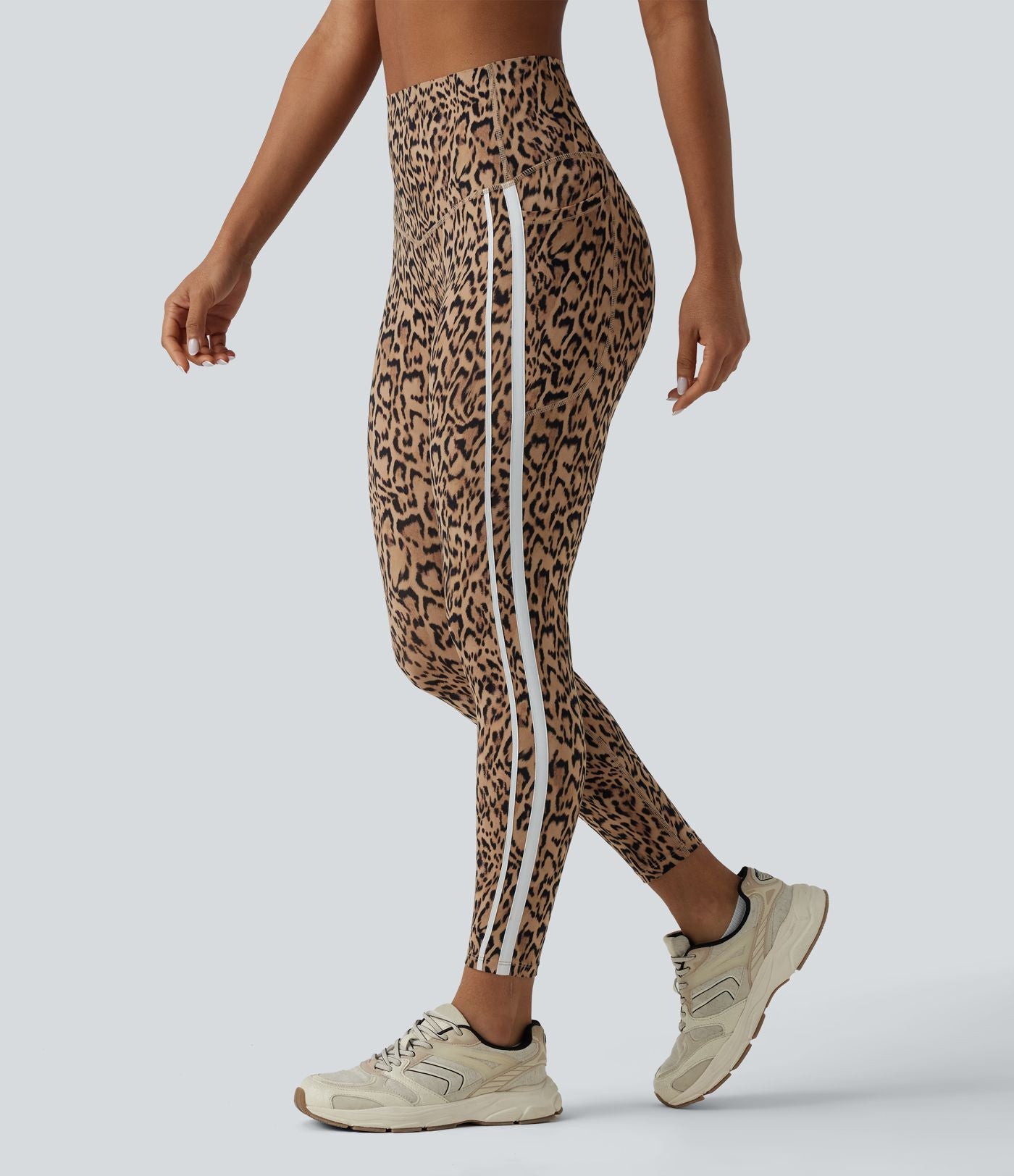 Legging 7/8 d'entraînement taille haute gainant imprimé léopard et rayures color block Halara UltraSculpt™ avec poches