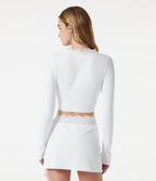 Haut yoga crop top SoftlyZero™ Plush à manches longues avec passe-pouces, nœud devant et dentelle contrastée