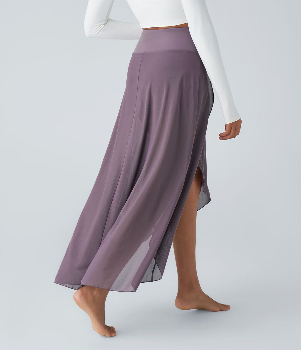 Jupe Longue Fluide Taille Haute à Volants 2 en 1 Poche Latérale Évasée en Mesh Casual Quotidien