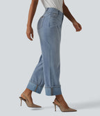 Jean coupe droite Halara Flex™ délavé décontracté, taille haute, à revers, à poches