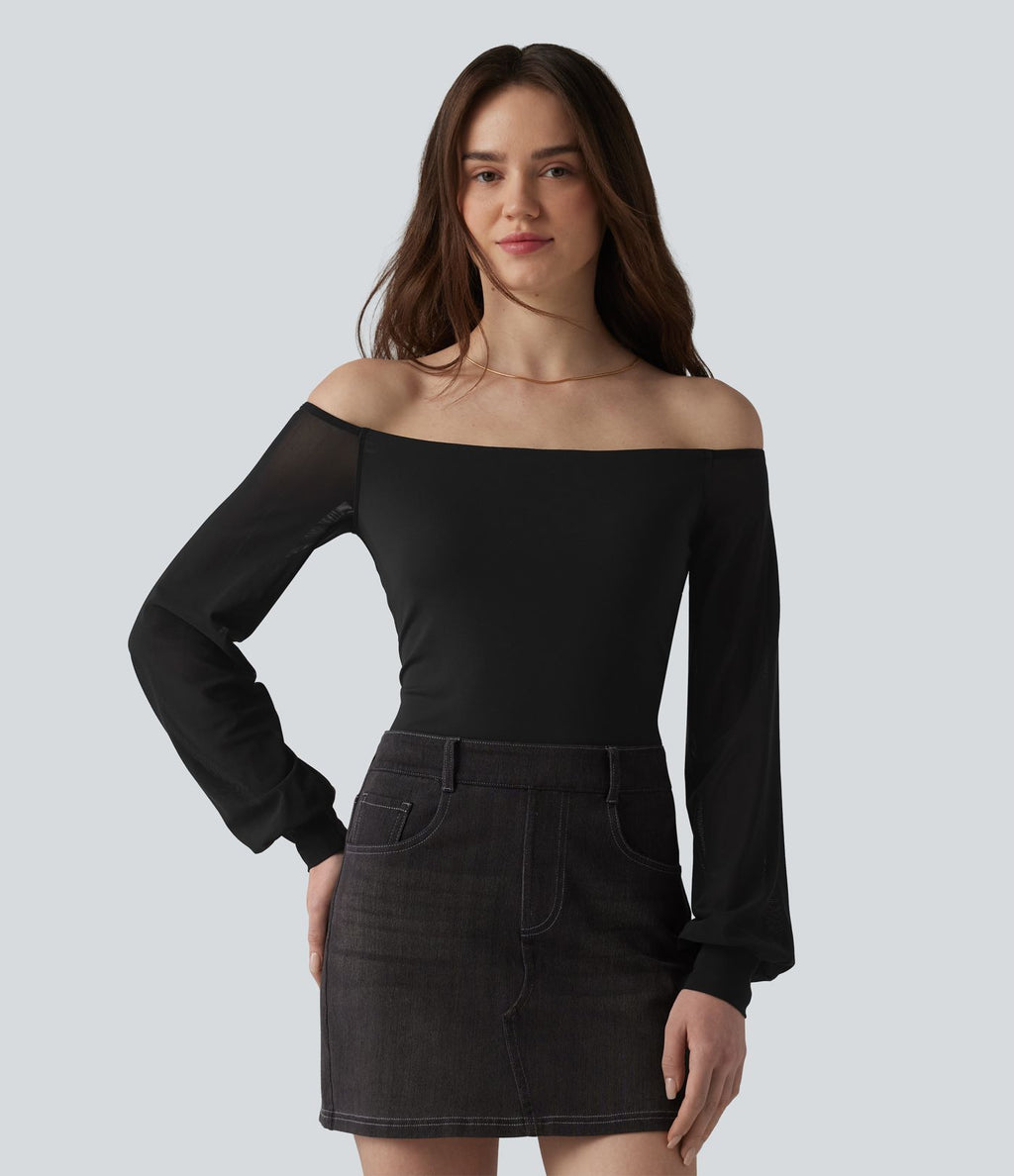 T-shirt SoftlyZero™ Airy décontracté épaules dénudées manches longues en tulle respirant effet frais InstantCool avec brassière intégrée, protection solaire UPF50+