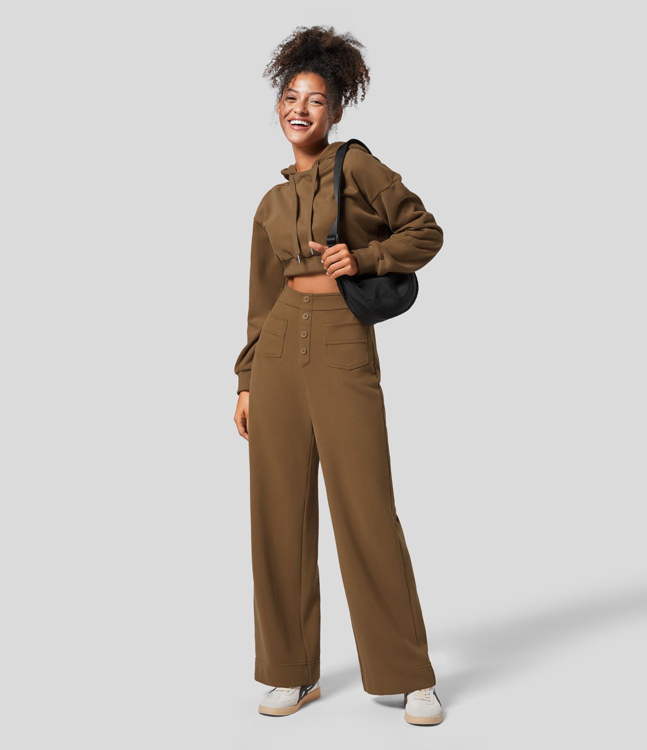 Pantalon Jogging en Fleece Thermique Jambe Droite Boutons Taille Haute Plusieurs Poches