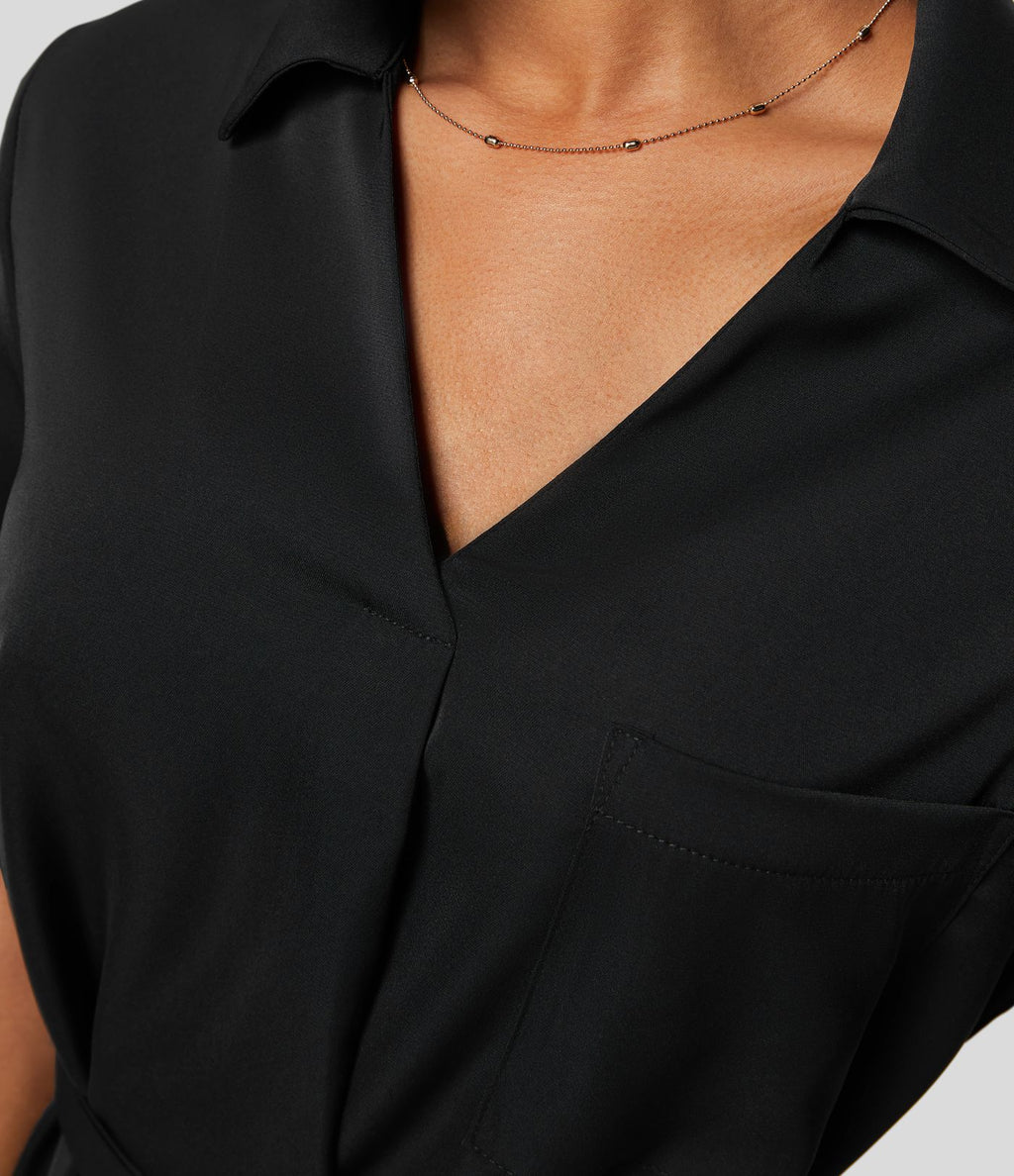 Robe-chemise décontractée à col, manches retroussables et ceinture