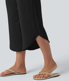 Pantalon casual 7/8 taille haute aspect lin à cordon de serrage et ourlet arrondi avec poches