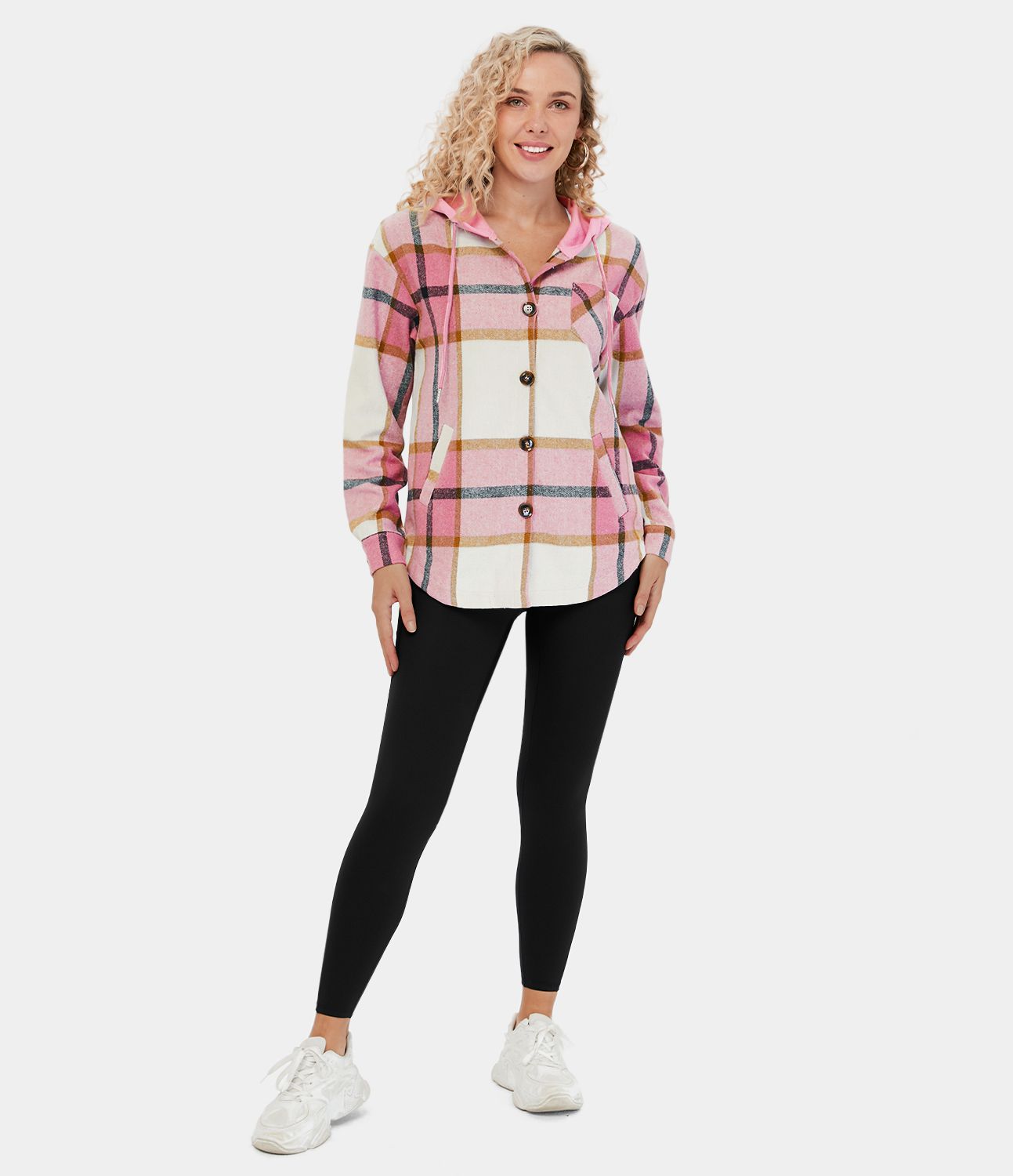 Veste de Casual à Carreaux en Polaire à Capuche avec Cordon de Serrage Boutons et Poches Latérales