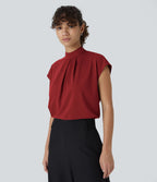 Blouse de Travail à Col Montant Plissée avec Boutons dans le Dos et Manches Courtes