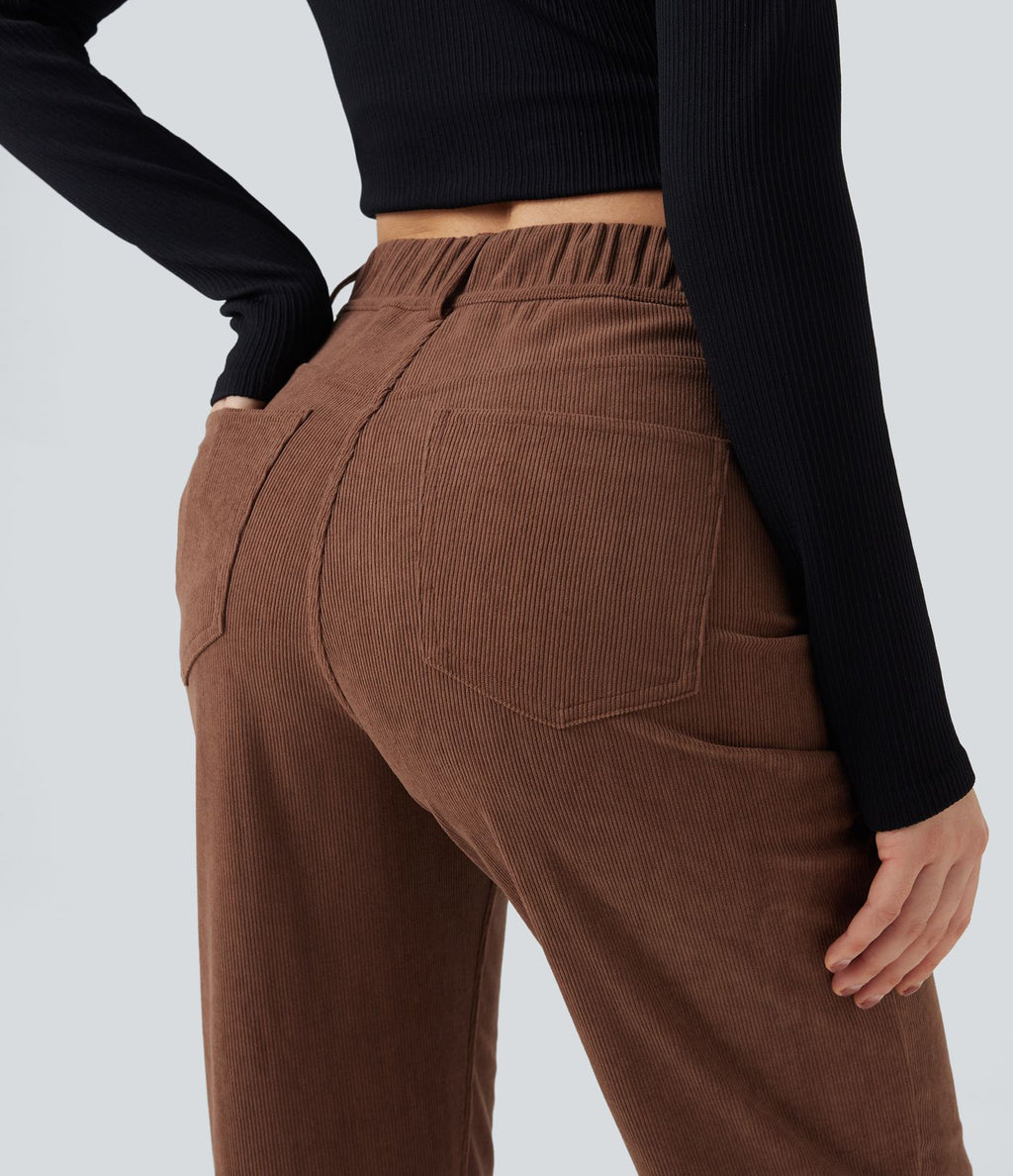 Pantalon décontracté droit en velours côtelé, taille haute, gainant, avec poches