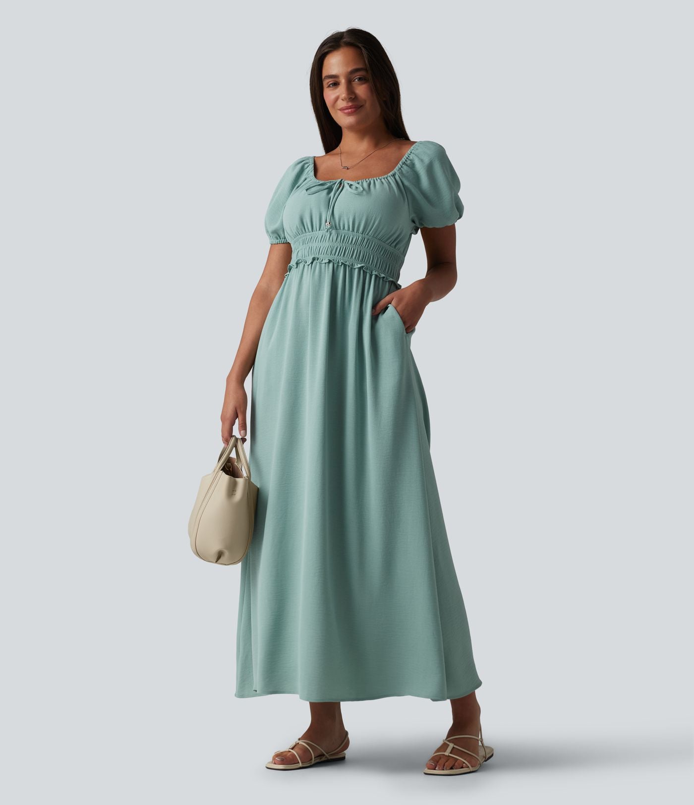Robe longue fluide et décontractée en lin, à col carré, manches bouffantes, soutien-gorge intégré froncé et poches