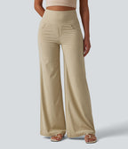 Pantalon large casual en lin stretch taille haute ventre plat avec poches