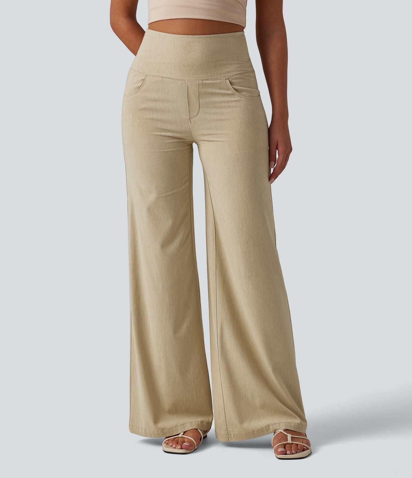 Pantalon large casual en lin stretch taille haute ventre plat avec poches