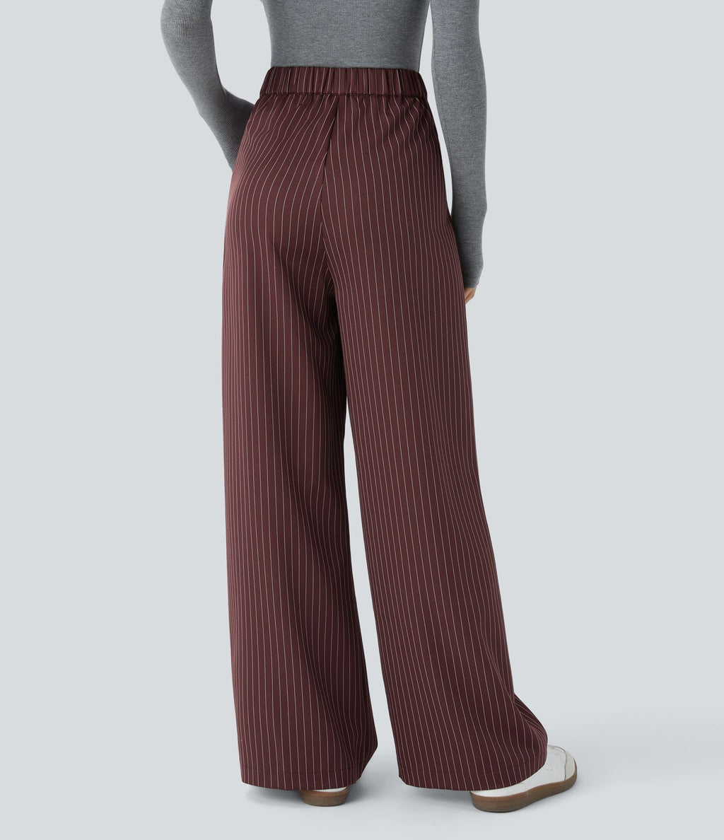 Pantalon Tailleur Large Fluide à Rayures, Taille Haute, Bouton et Fermeture Éclair, Poches Latérales