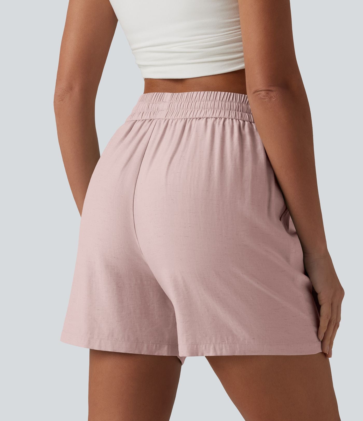 Short décontracté ample en lin mélangé taille haute avec cordon de serrage, 12,5 cm, et poches