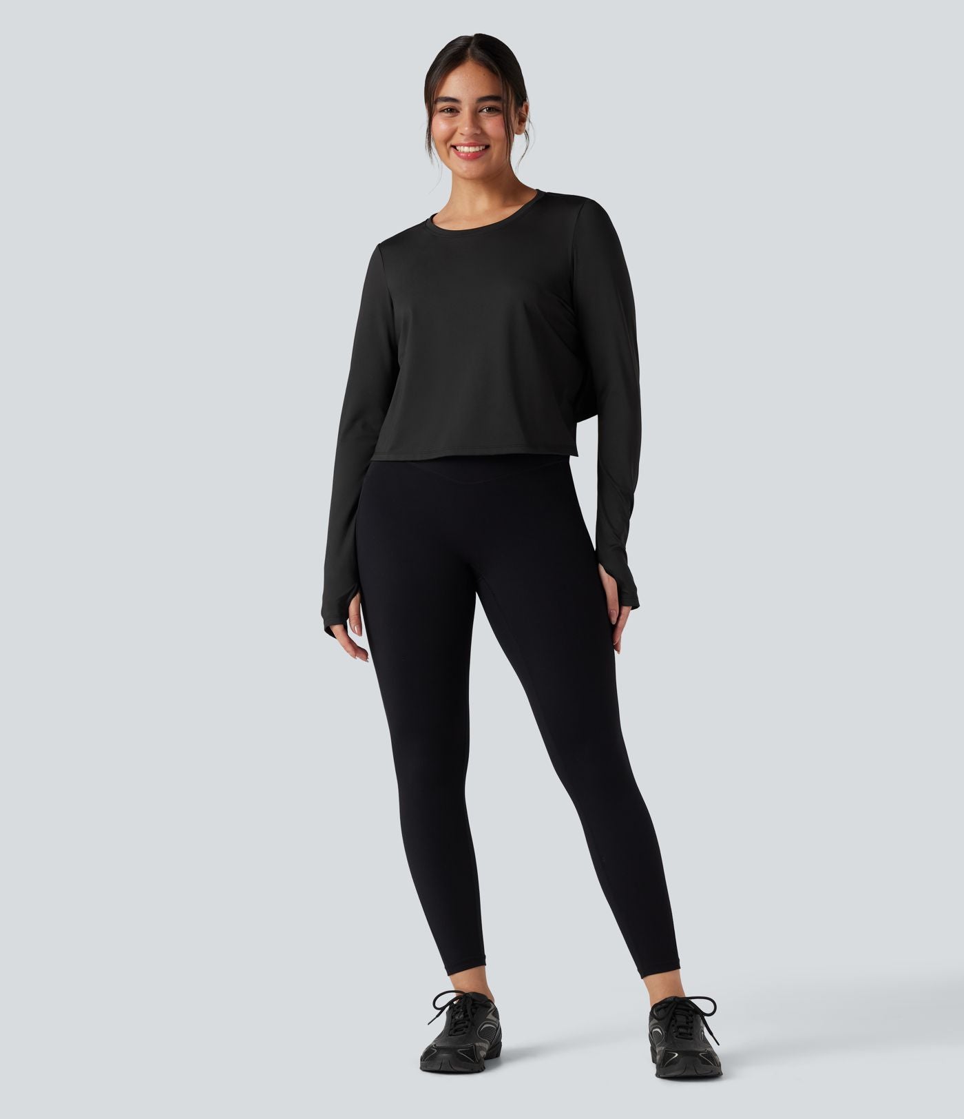 Top de sport yoga col rond manches longues mesh contrastant à découpes liens dans le dos avec trous pouces