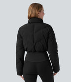 PuffFlex Manteau doudoune 3-en-1 court casual à col montant et veste à ourlet arrondi avec passants pouces et poche