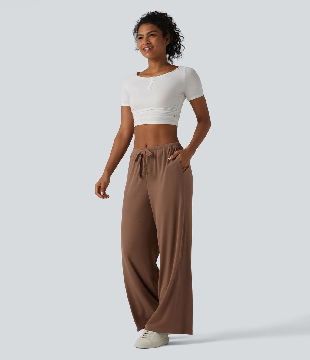 Pantalon large casual en maille côtelée extensible taille mi-haute avec cordon de serrage et poches