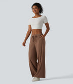 Pantalon large casual en maille côtelée extensible taille mi-haute avec cordon de serrage et poches