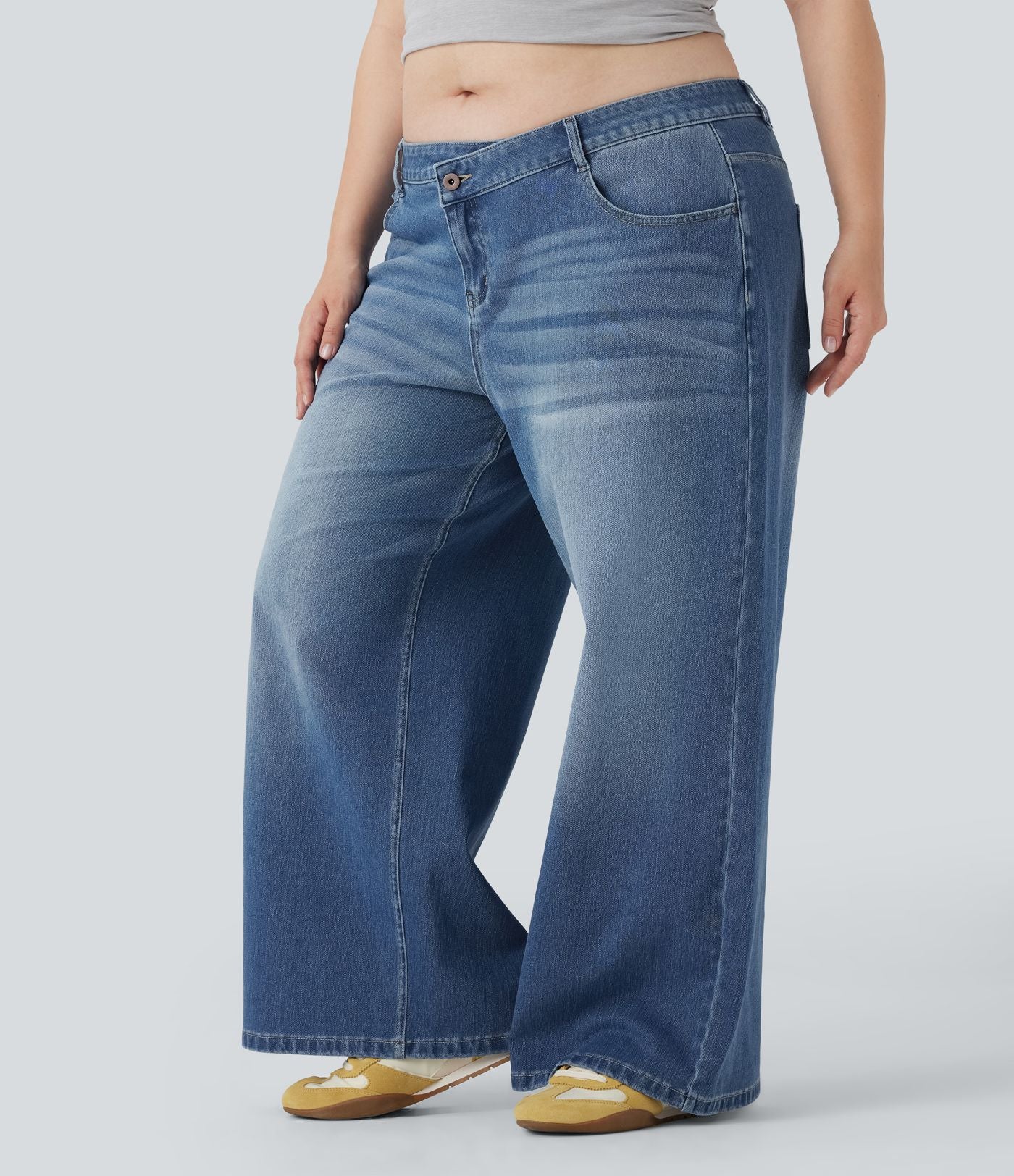 Jean décontracté grande taille Halara Flex™ asymétrique taille basse jambes larges effet délavé avec poches