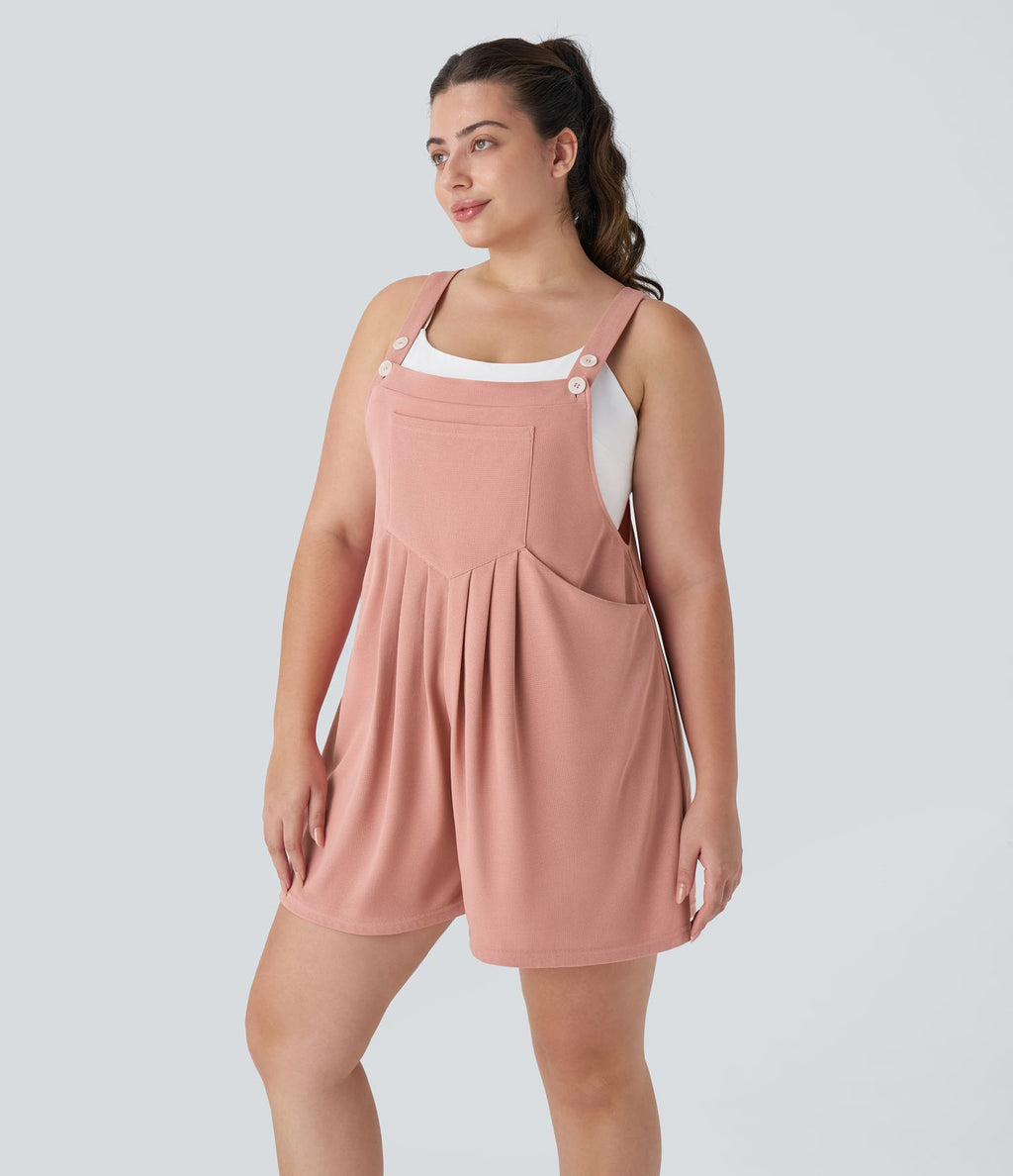 Salopette Casual en Gaufré avec Bretelles Réglables Boutons et Poches Multiples Grande Taille