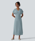 Robe longue tailleur évasée col V à manches courtes avec fermeture éclair invisible et drapé froncé