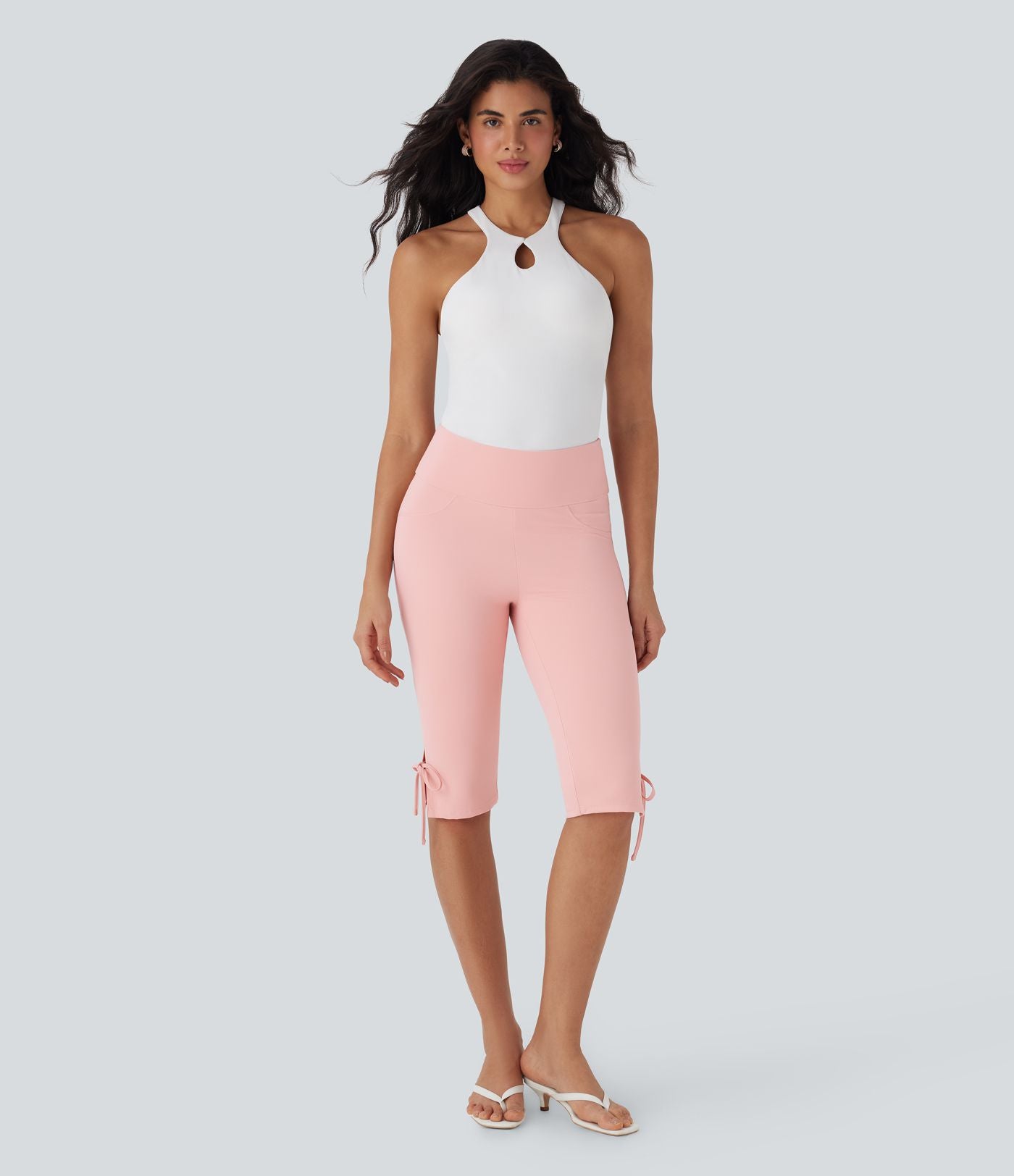 Pantalon corsaire décontracté taille moyenne à laçage avec poches arrière