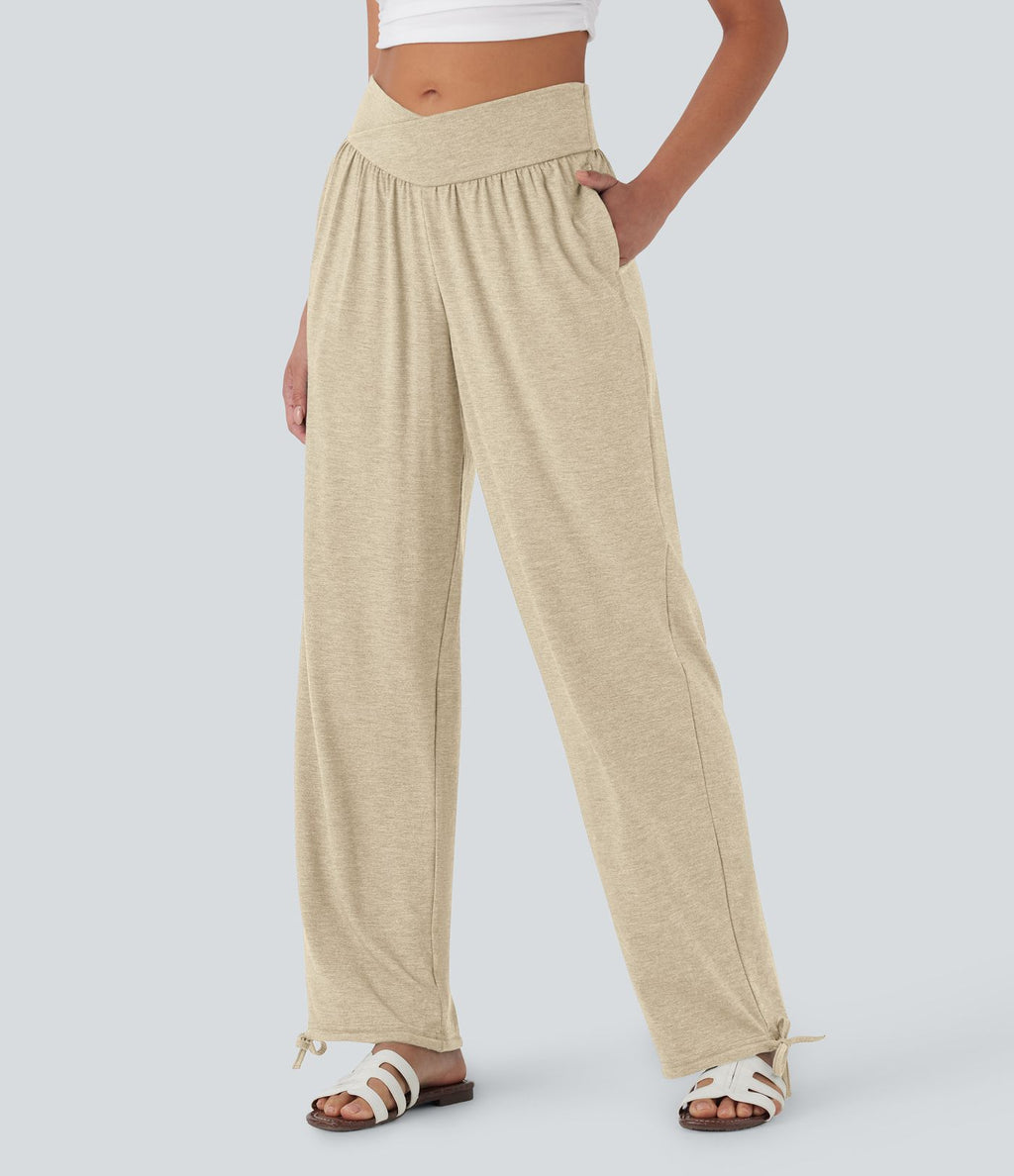 Pantalon de jogging décontracté à taille haute croisée avec poches latérales et cordon de serrage