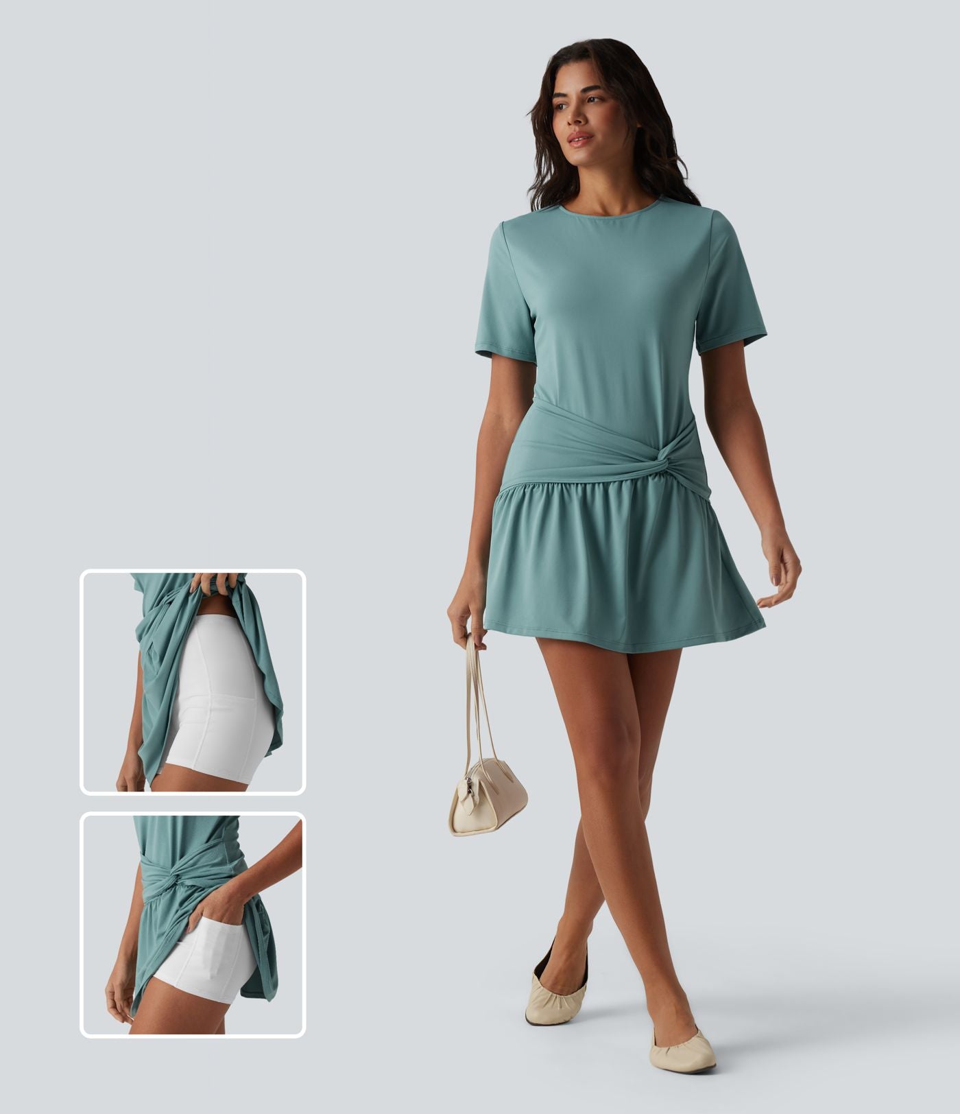 Robe mini casual 2 pièces col rond manches courtes dos goutte d'eau avec poches