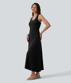 Robe mi-longue casual dos nageur sans manches avec fronces et brassière intégrée