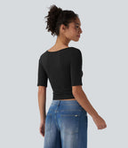 T-shirt décontracté côtelé col rond échancré manches courtes