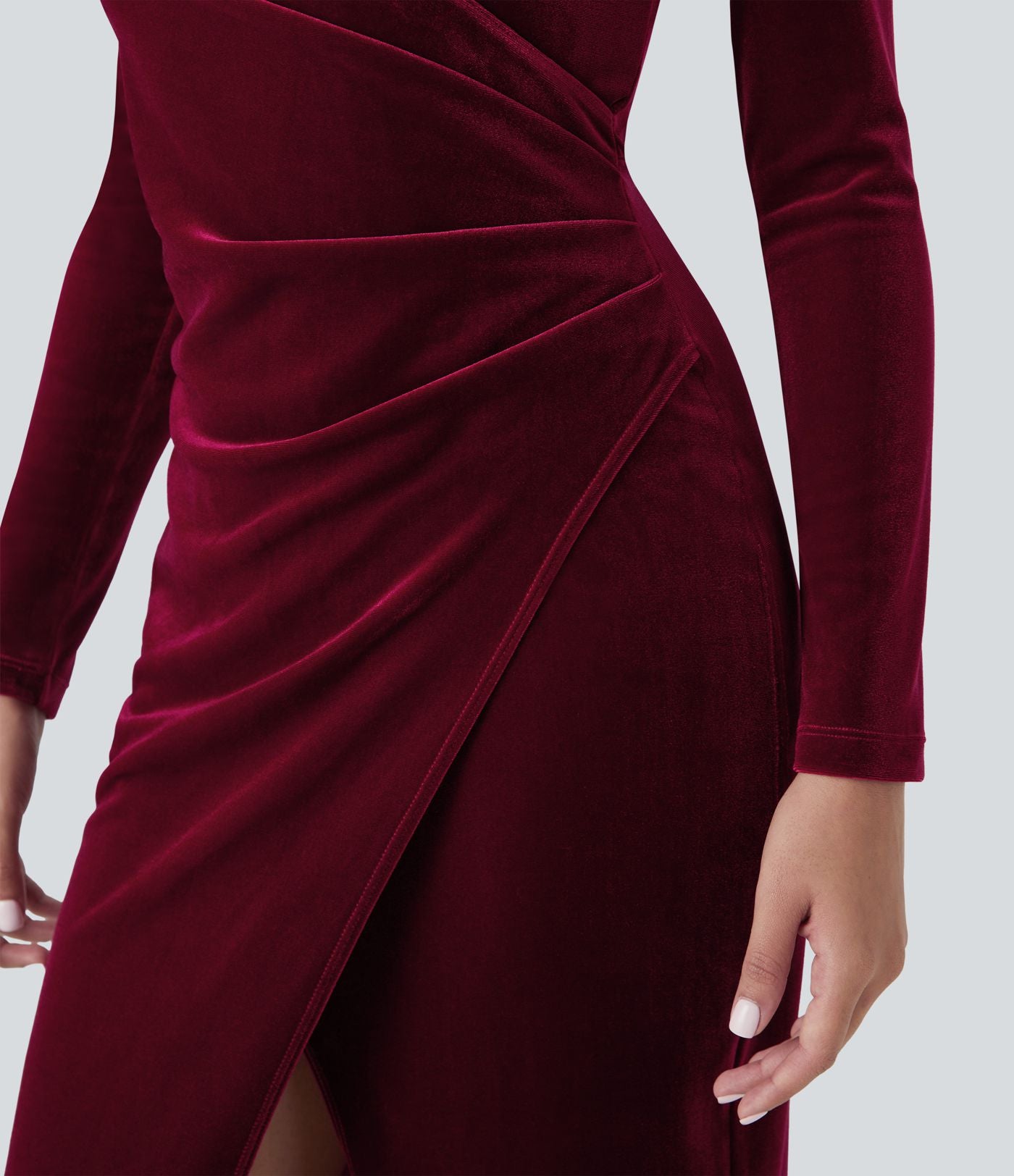Robe de décontractée mi-longue en velours à col V, manches longues, fronces et fente