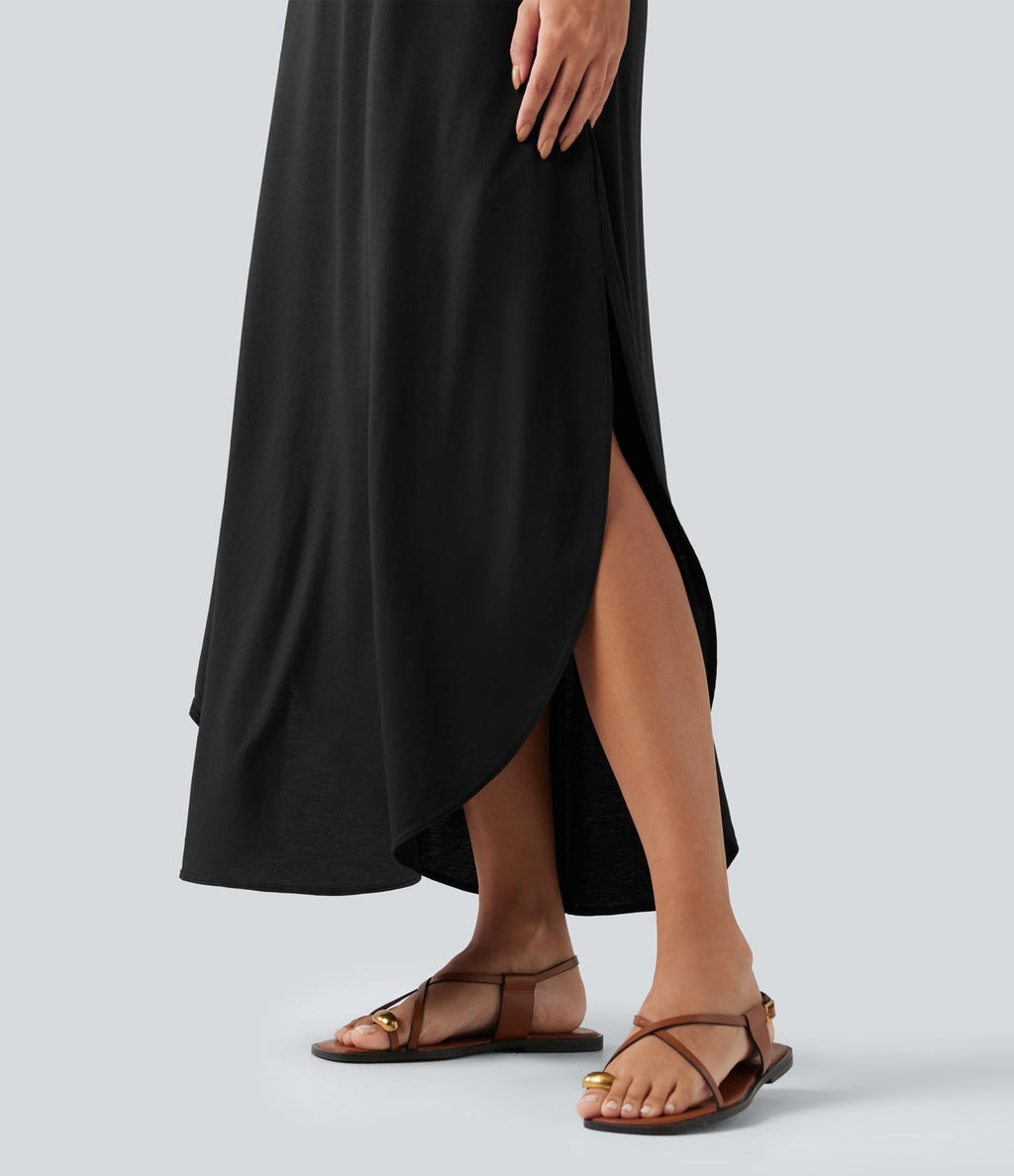 Robe longue décontractée col V style nuisette avec fente et poches