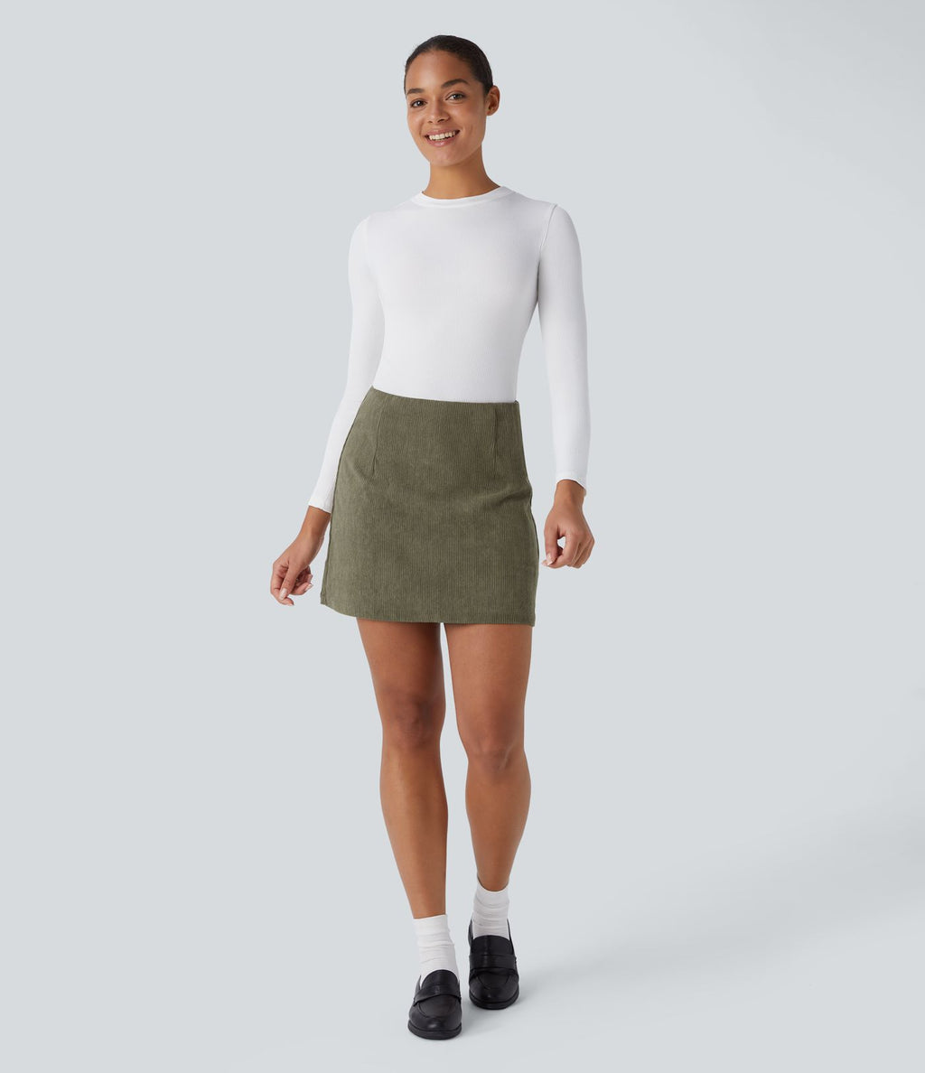 Jupe décontractée 2-en-1 en velours côtelé à taille haute, coupe évasée, longueur mini allongée et zip invisible