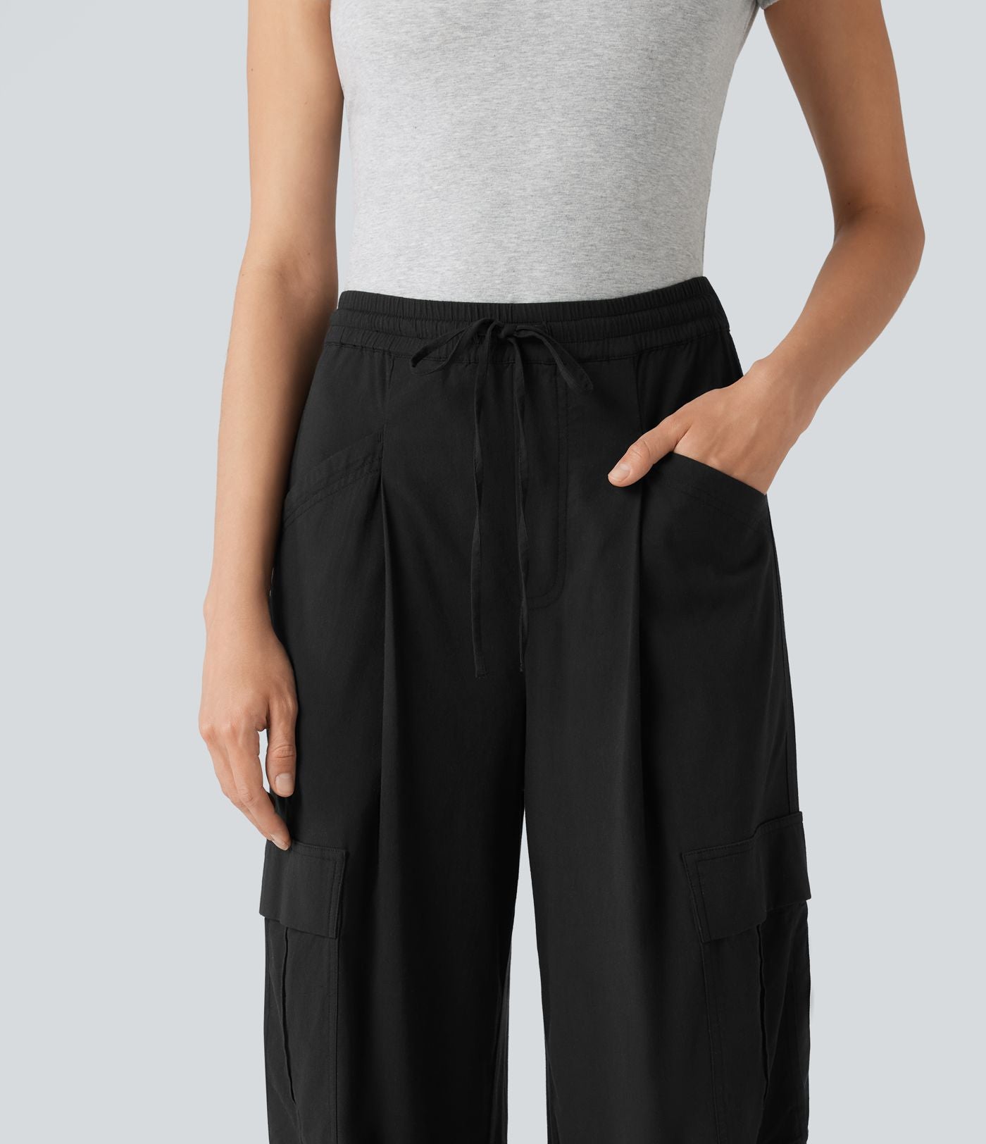 Pantalon cargo décontracté en lin extensible coupe droite taille mi-haute avec cordon de serrage et poches