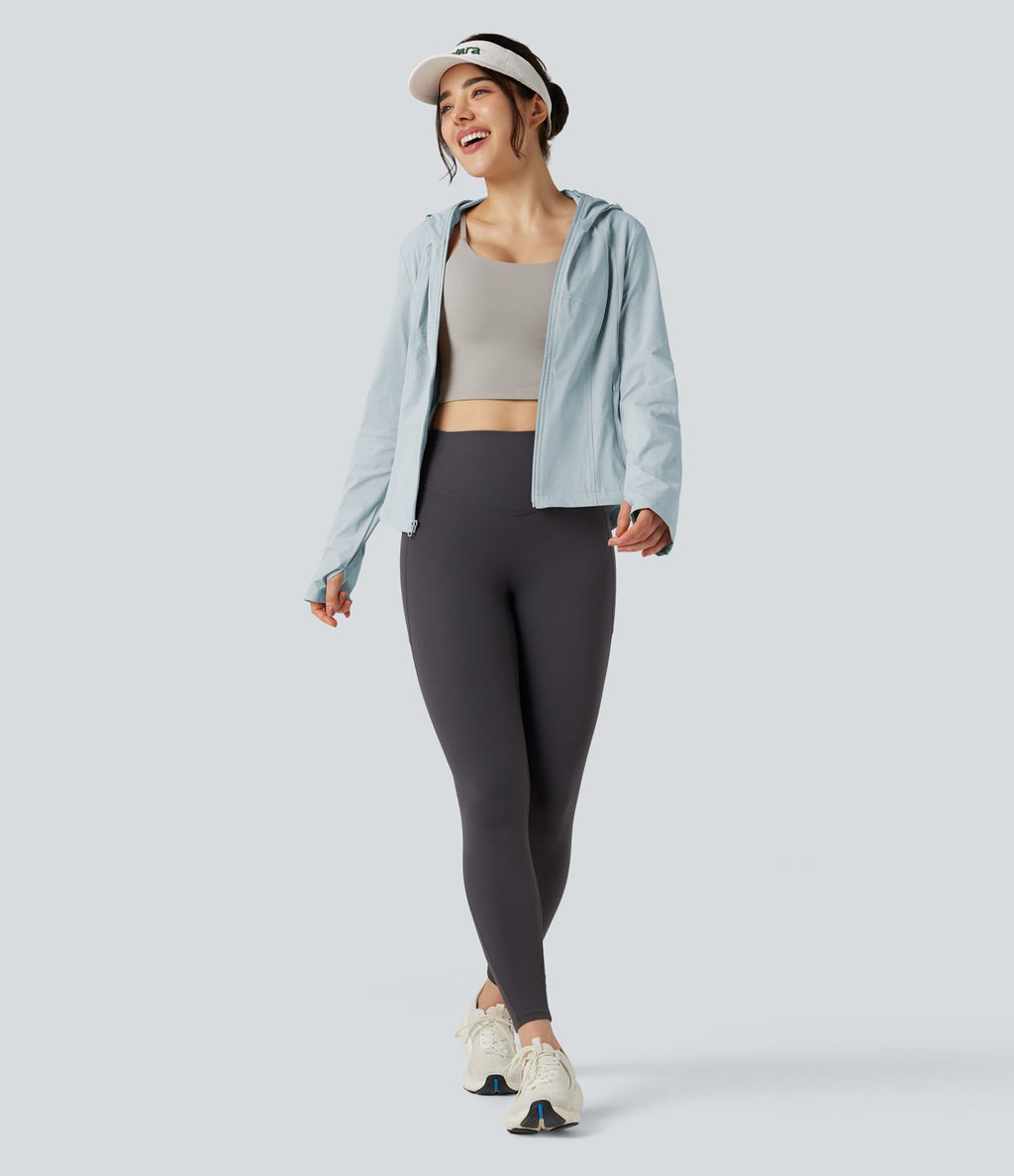 Veste de randonnée à capuche, manches longues, passants pouces et zip avec poches - UPF40+