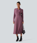 Robe de travail midi col V à manches longues avec poches