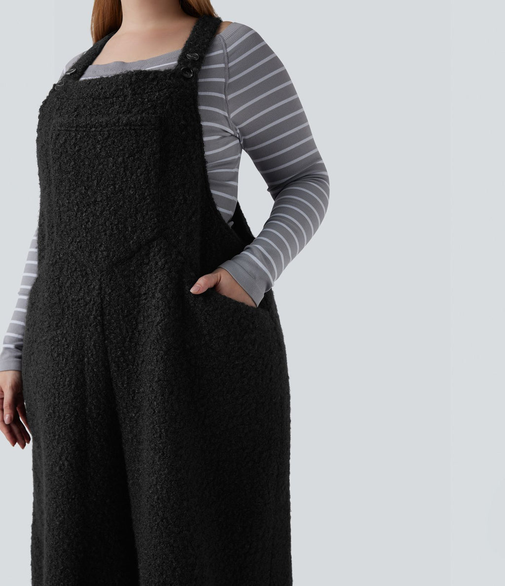 Salopette décontractée grande taille en teddy avec bretelles ajustables et poches